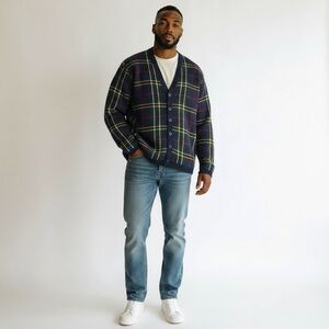 VTG Baxter Wells Mens Cardigan Sweater M Navy Green Red Plaid Preppy 100% Cotton